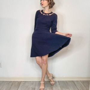 DONNA MORGAN nautical fit & flare dress silver grommets lace-up rope navy 2681